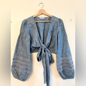 Red Carter western chambray crop top crochet detail boho balloon sleeve cowgirl